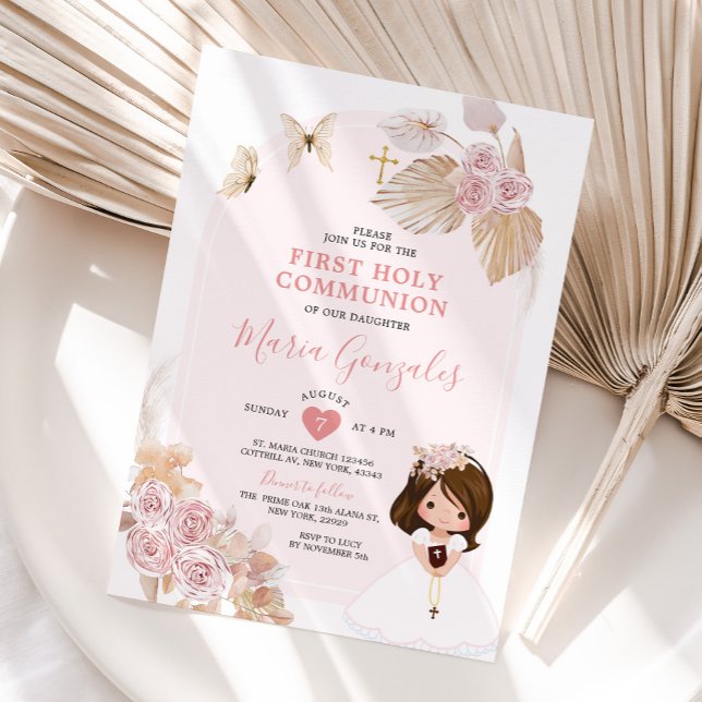 Boho Pink Floral Girl First Holy Communion Invitation (Creator Uploaded)