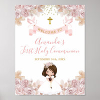Boho Pink Floral Girl First Holy Communion Welcome
