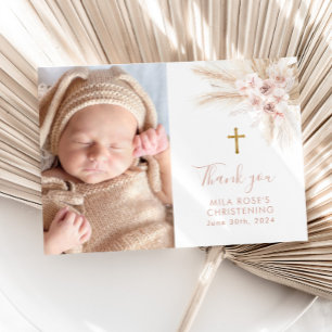 Boho Pink Floral Girls Baptism Christening Thank You Card