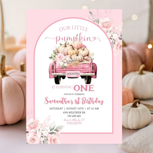 Boho Pink Floral Little Pumpkin Girl Birthday Invitation (Creator Uploaded)