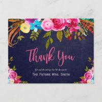 Boho Pink Floral Navy Bridal Shower Thank You