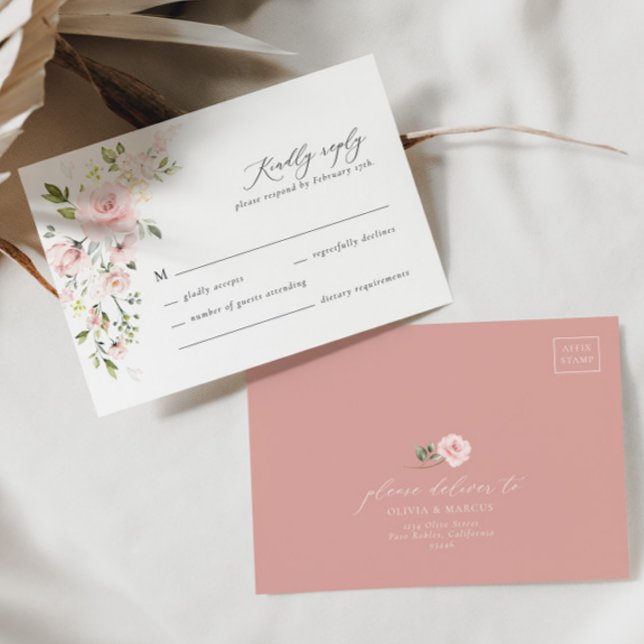 Boho Pink Floral Olive Elegant Wedding RSVP Card (RSVP Card Front/Back)