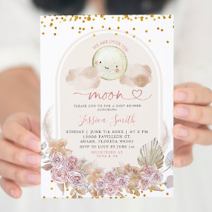 Boho Pink Floral Over The Moon Baby Shower Invitat Invitation