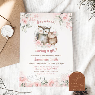 Boho Pink Floral Owl Baby Shower Invitation