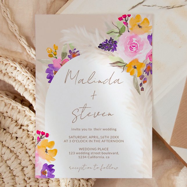 Boho pink floral pampas desert arch wedding invitation (Boho pink floral pampas desert arch wedding invitation)