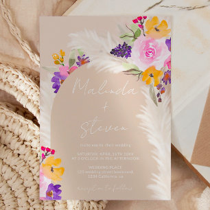 Boho pink floral pampas desert arch wedding invitation