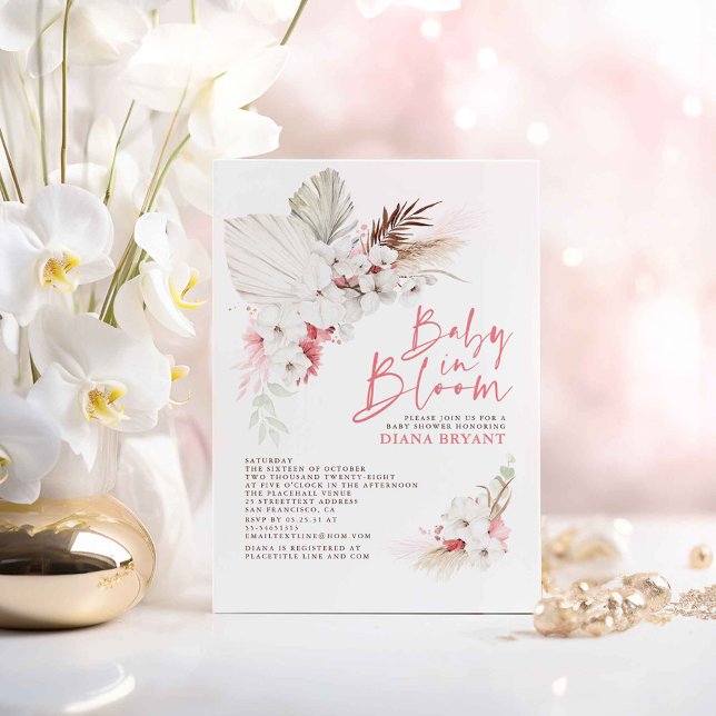 Boho Pink Floral Pampas Grass Baby Shower Invitati Invitation (Baby in Bloom Elegant Floral Pink Baby Shower Invitations with Pampas Grass)