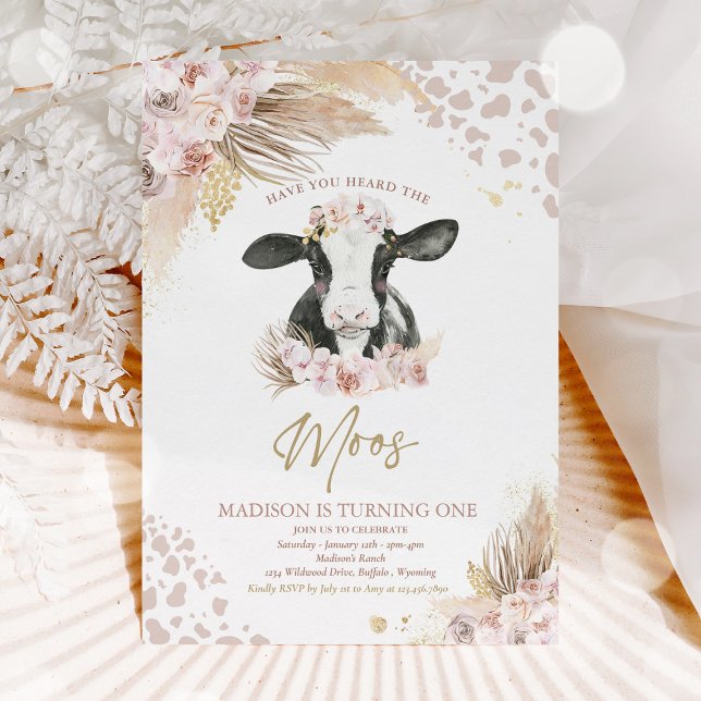 Boho Pink Floral Pampas Grass Cow Birthday Party  Invitation (Creator Uploaded)