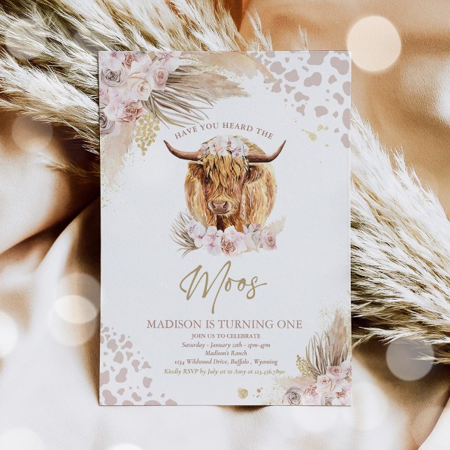Boho Pink Floral Pampas Grass Highland Cow Party Invitation (Creator Uploaded)