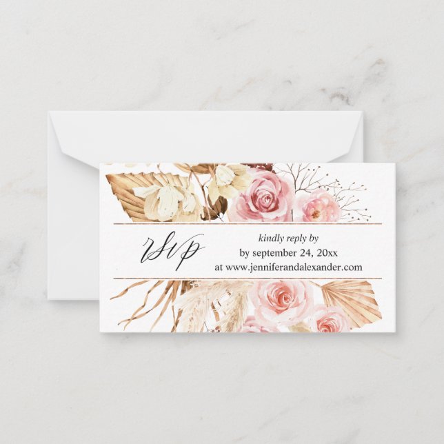 Boho Pink Floral & Pampas Website 2SM Meal RSVP Card (Front)