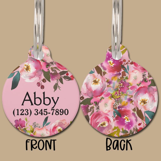 Boho Pink Floral Pet Cat Dog ID Tag (Creator Uploaded)