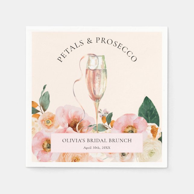 Boho Pink Floral Petals & Prosecco Bridal Brunch Napkin (Front)