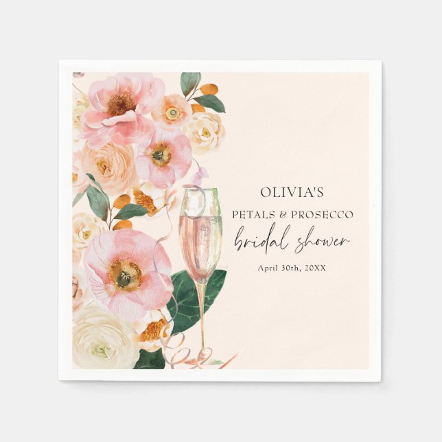 Boho Pink Floral Petals & Prosecco Bridal Shower Napkin (Front)