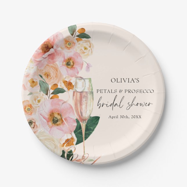 Boho Pink Floral Petals & Prosecco Bridal Shower Paper Plate (Front)