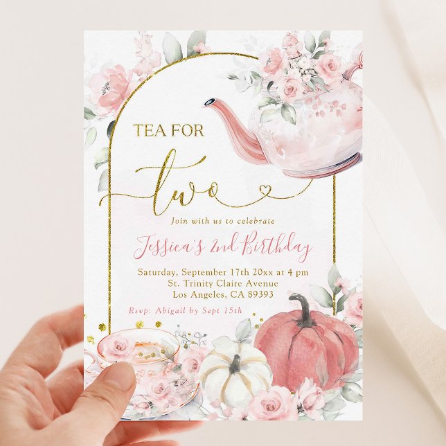 Boho Pink Floral Pumpkin Tea For Two Fall Birthday Invitation (Creator Uploaded)