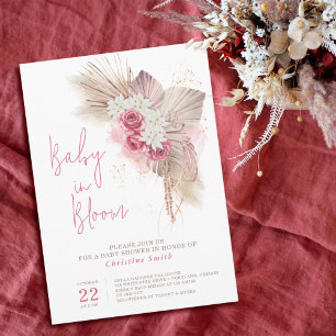 Boho Pink Floral Roses Watercolor Baby Shower Invitation