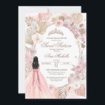 Boho Pink Floral Sweet Sixteen, 16th Birthday  Inv Invitation<br><div class="desc">Birthday invitation in an elegant boho style. Blush pink and white roses,  dried floral,  palm and pampas grass and a girl in a beautiful matching gown. 

Check the shop for this invitation with girls in different hair colours and skin tones and more variations.</div>