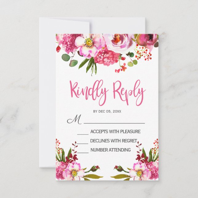 Boho Pink Floral Typography Wedding RSVP card (Front)