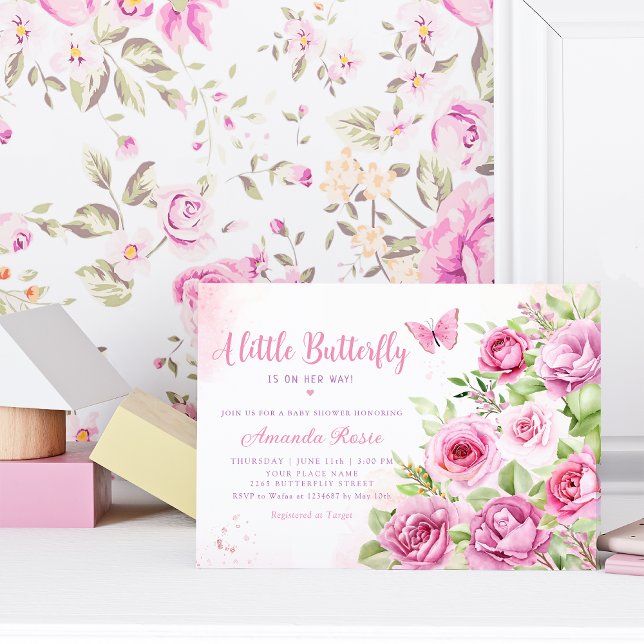 Boho Pink Floral Watercolor Butterfly Baby Shower Invitation (Creator Uploaded)