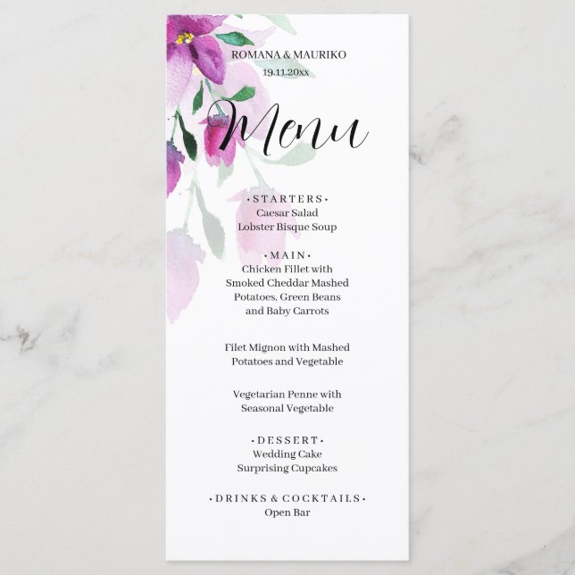 Boho Pink Floral Watercolor Hand-painted Menu (Front)
