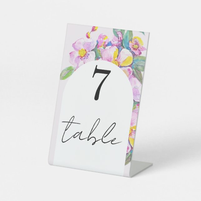 Boho Pink Floral Watercolor Modern Pedestal Sign (Front)