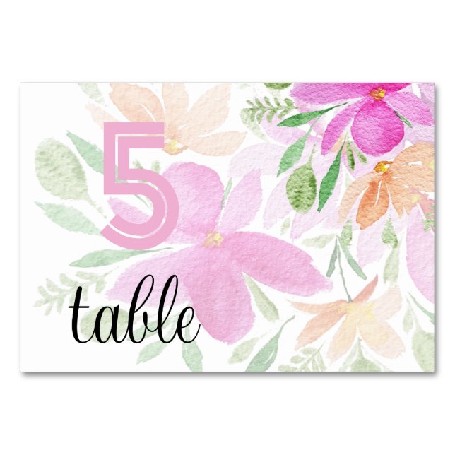 Boho Pink Floral Watercolor Modern Table Number (Front)