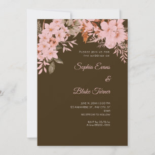 Boho Pink Floral Winter Mocha Brown Wedding Invitation