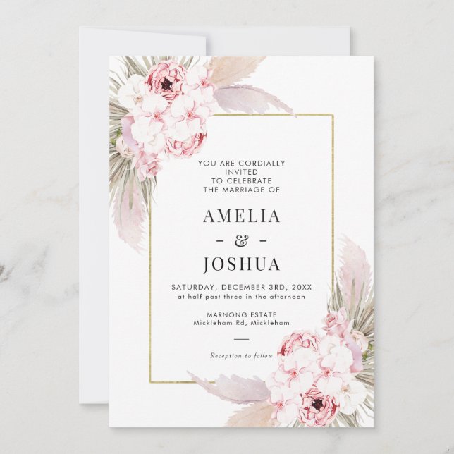 Boho Pink Floral With Gold Frame Wedding Invitation (Front)