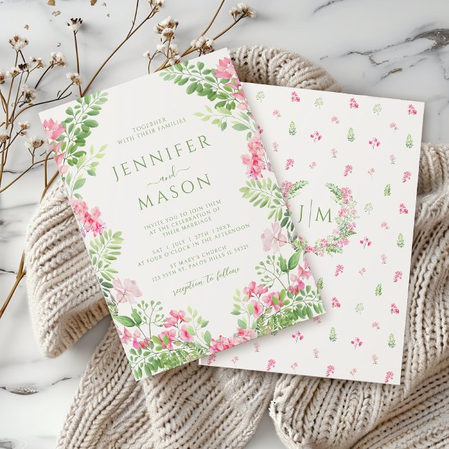 Boho Pink Floral Wreath Garden Wedding Invitation (Creator Uploaded)