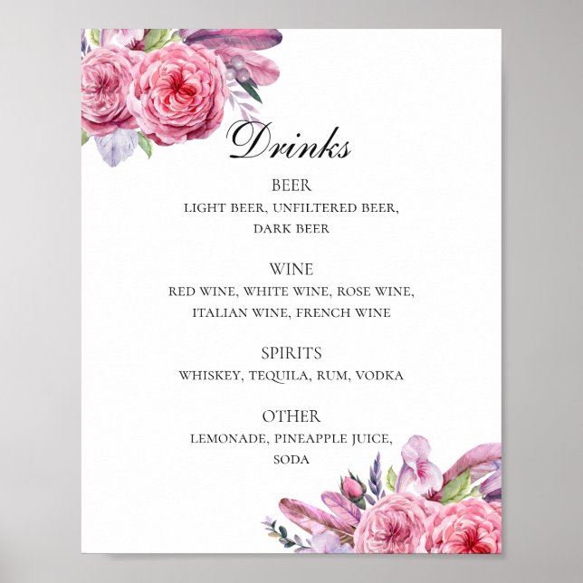 Boho pink flowers and feathers wedding drinks bar poster (Front)