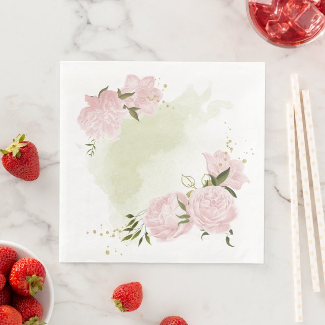 Boho pink flowers green leaves botanical  napkin (Insitu)