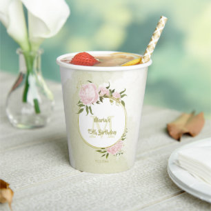 Boho pink flowers green leaves botanical paper cups