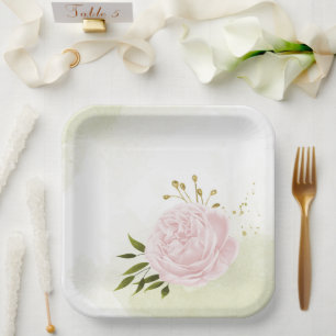 Boho pink flowers green leaves botanical paper plate