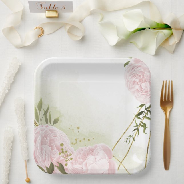 Boho pink flowers green leaves botanical paper plate (Wedding)