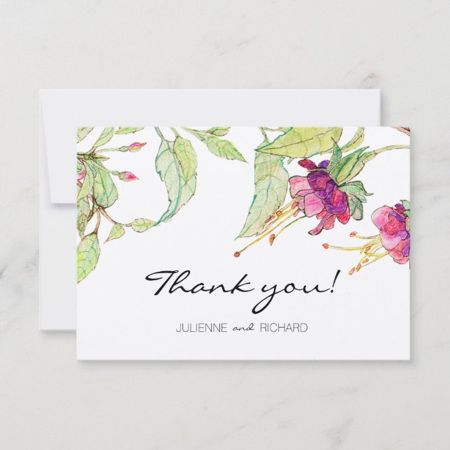 Boho Pink Flowers Modern Wedding Thank You Card (Front)