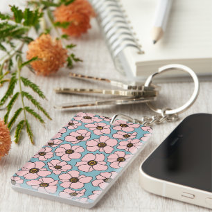 Boho Pink Flowers On Blue  Key Ring