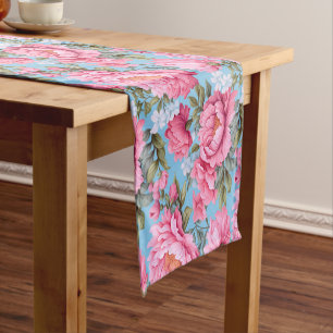 Boho pink flowers on blue short table runner