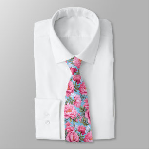 Boho pink flowers on blue tie