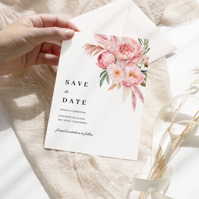Boho Pink Flowers Pampas Grass Save the Date V.2 Invitation (Creator Uploaded)