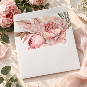 Boho Pink Flowers Pampas Grass Wedding Envelopes