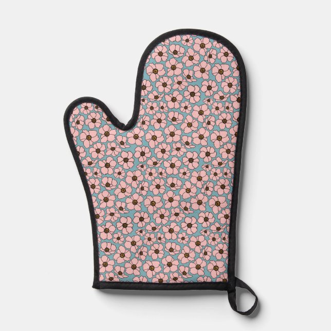 Boho Pink Flowers With Teal Blue  Oven Mitt (Front)