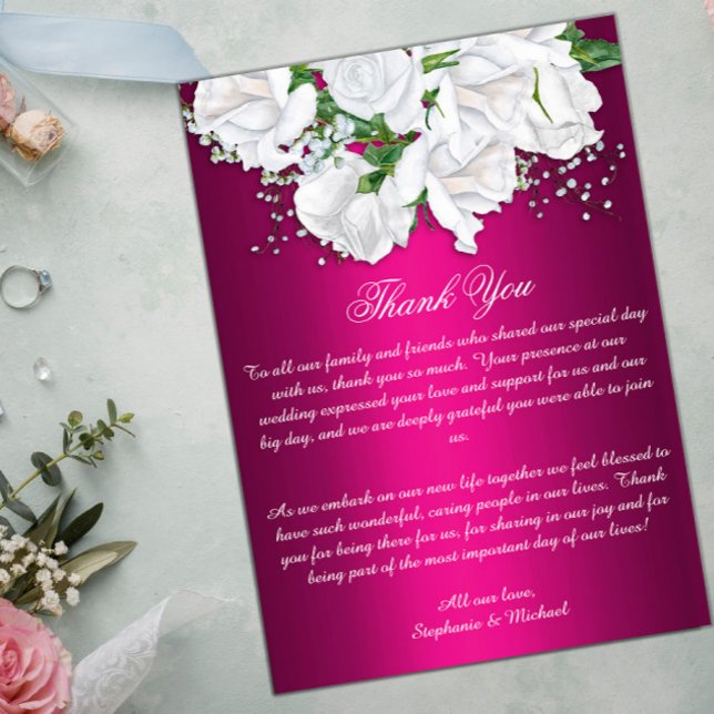 Boho Pink Fuchsia and White Roses Wedding  Thank You Card (Creator Uploaded)