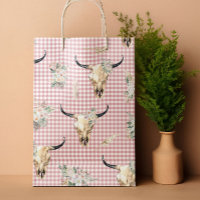 Boho Pink Gingham Cow Skull Floral