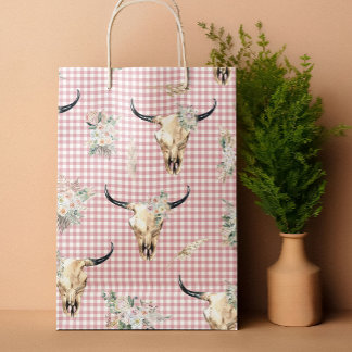 Boho Pink Gingham Cow Skull Floral  Large Gift Bag