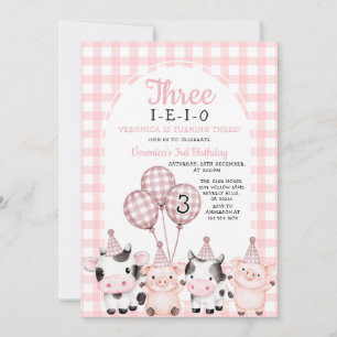 Boho Pink Girl Three-I-E-I-O Birthday farm animal  Invitation