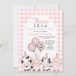 Boho Pink Girl Three-I-E-I-O Birthday farm animal  Invitation