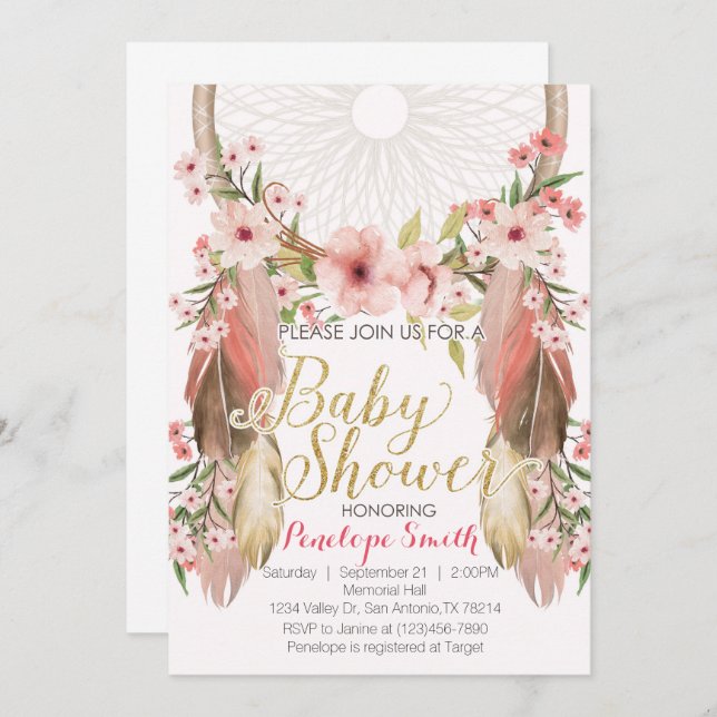 Boho Pink Gold Dreamcatcher Baby Shower Invitation (Front/Back)