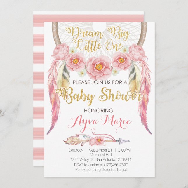 Boho Pink Gold Dreamcatcher Baby Shower Invitation (Front/Back)