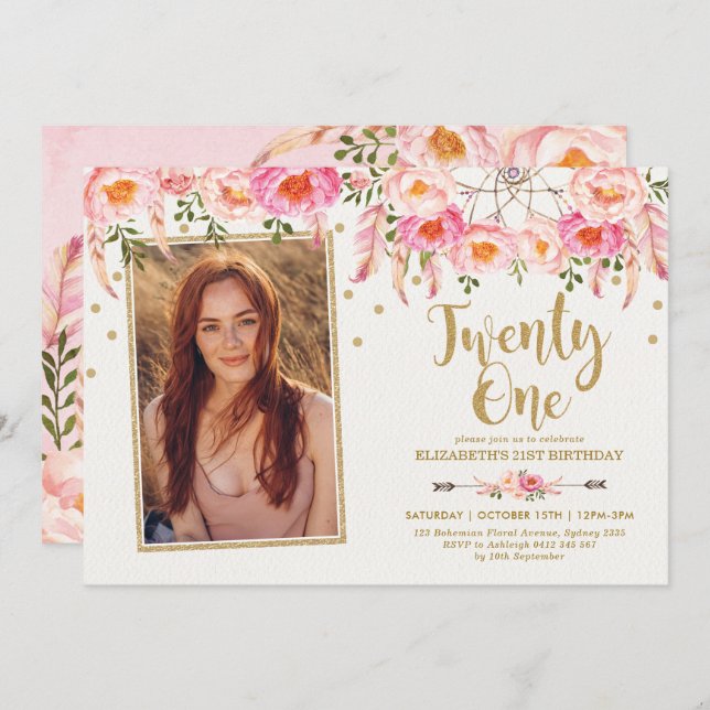 Boho Pink Gold Floral Dreamcatcher 21st Birthday Invitation (Front/Back)