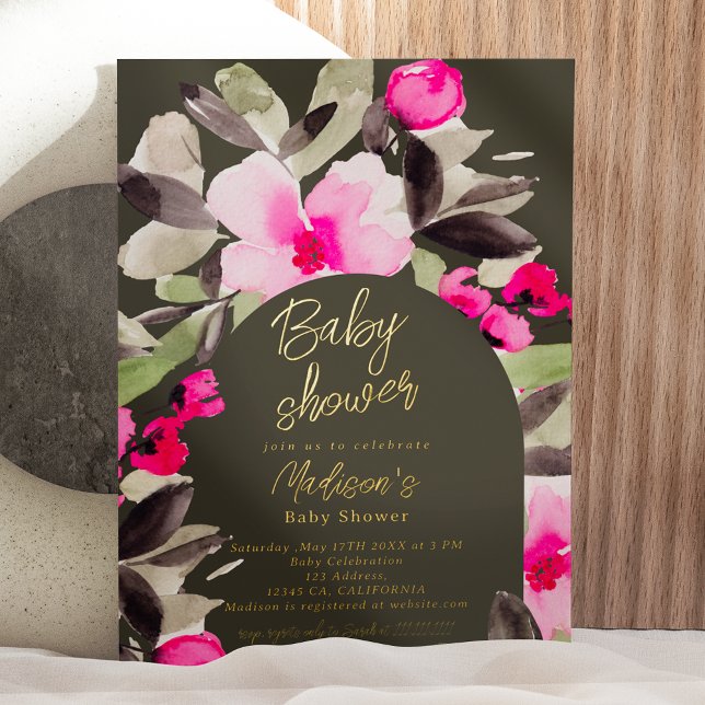 Boho pink green floral watercolor baby shower (Boho real gold foil pink green floral watercolor baby shower invitation)